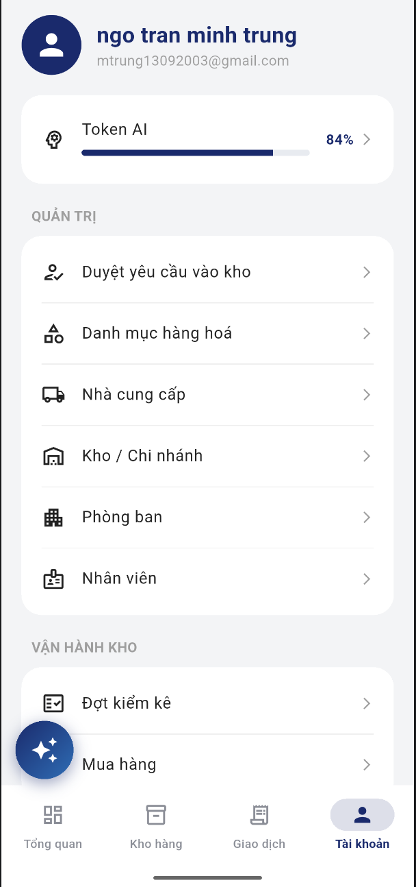 Màn hình tài khoản SC9X với các mục quản trị và vận hành kho
